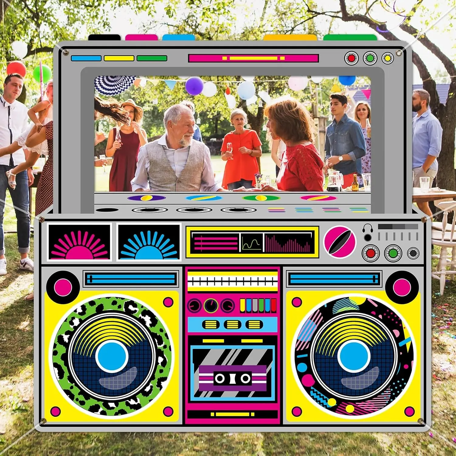 Fabric Boombox Photo Booth Prop, Retro Radio Selfie Background Banner, Photo Backdrops, 59x59 Inch, 80s & 90s Party Decor Props, Hip Hop Birthday Supplies, Party Decorations Banners