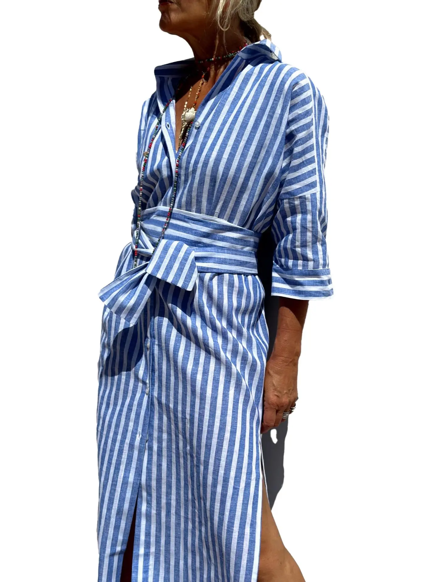 Ebossy Womens 2026 Shirt Dress Casual Lapel 3/4 Sleeve Button Down Split Belted Vacation Maxi Dress