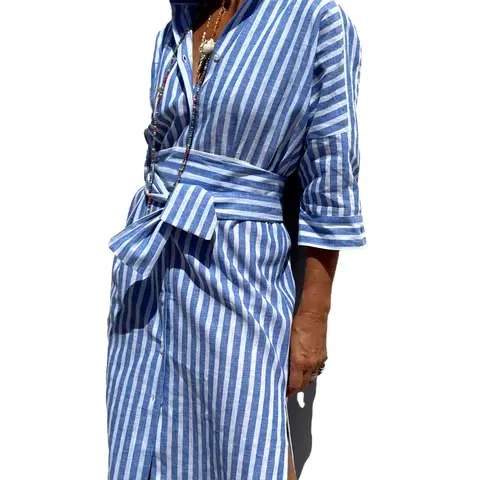 Ebossy Women's Cotton Collared Neck Striped A-Line 3/4 Sleeve Button-Down Dress - 2026 Boho Chic, Adjustable Waist Band, Side Split, Ankle Length, Casual Vacation Work Wear (Check Size Chart)
