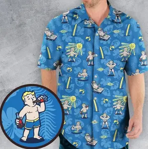 Fallout Hawaiian Shirt – Vault Boy Nuclear Summer Beach Aloha Shirt for Men Women, Blue Retro Gamer Button-Up, 80s Style Vacation Outfit, Tropical Surf Print Casual Top, Gift for Gamer and Fallout Fan Cotton Menswear
