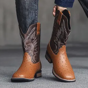 2026 New Fashion Cowboy Boots for Men – Ostrich Print Botas, Exotic Square Toe, Slip Resistant with Pull-On Style, Comfort Vintage Western Boots
