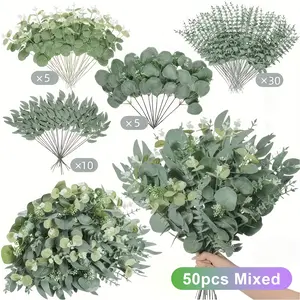 A realistic set of fake eucalyptus trees and flowers - including 4 types of leaves and various artificial plants, perfect for rural floral arrangements, weddings, engagements, and home decor, outdoor artificial flowers