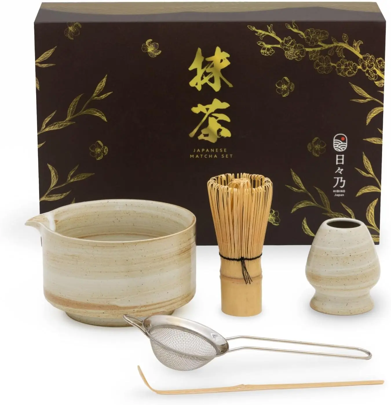 5-Piece Traditional Japanese Ceramic Matcha Tea Set - Boxed Gift with Spouted Matcha Bowl, Bamboo Whisk Holder, Bamboo Scoop, Stainless Steel Sifter, Rustic Beige, Designed in Japan