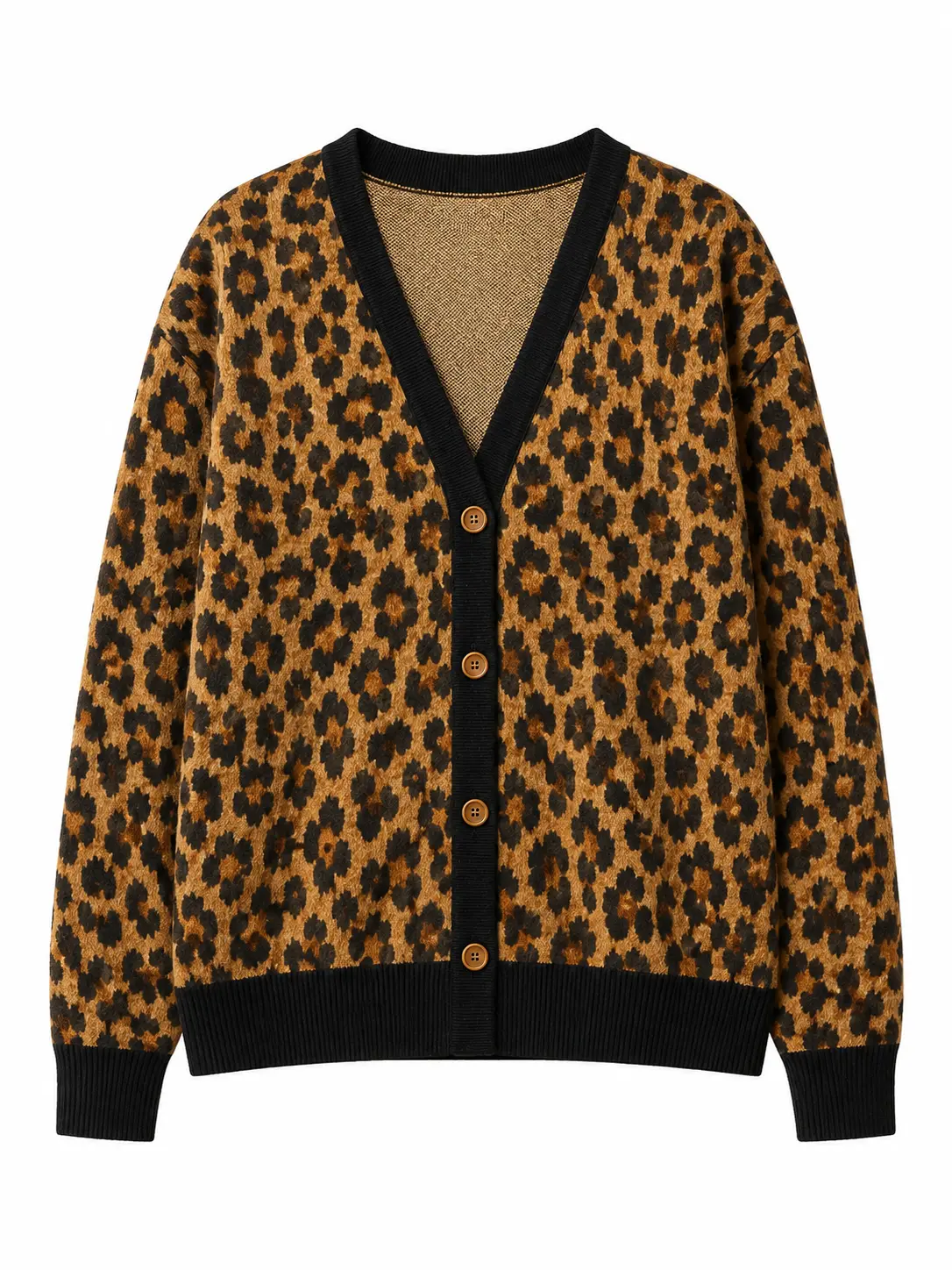 Women's Leopard Print Cardigan, 100% Polyester V-Neck Button Front Long Sleeve Sweater, Brown Black Animal Pattern Relaxed Fit Casual Fall Outerwear