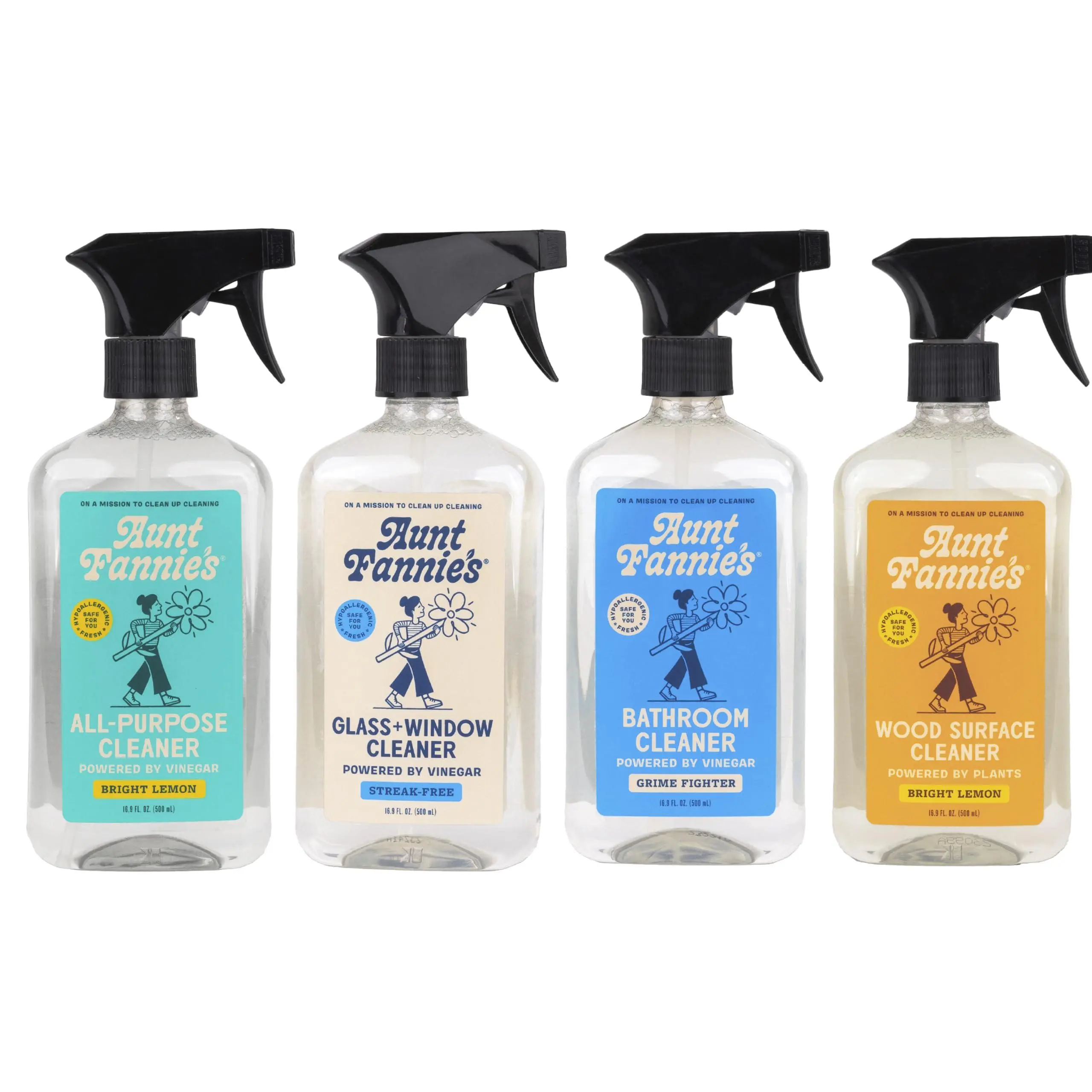 Aunt Fannie's Cleaning Spray Variety Pack, Lemon All Purpose Vinegar Cleaner, Glass & Window Spray, Bathroom Spray, and Wood Surface Spray Cleaner, 16.9 oz each, Pack of 4, Packaging May Vary