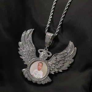 Custom Photo Round Angel Wings Pendant, 5A+ Cubic Zirconia DIY Personalized Hip Hop Unisex Necklace