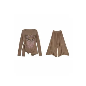 TCH -  Khaki Cartoon Bow Temperament Versatile rhinestone waist cinched knit sweater for women with wide legs and loose knit skirt and pants set