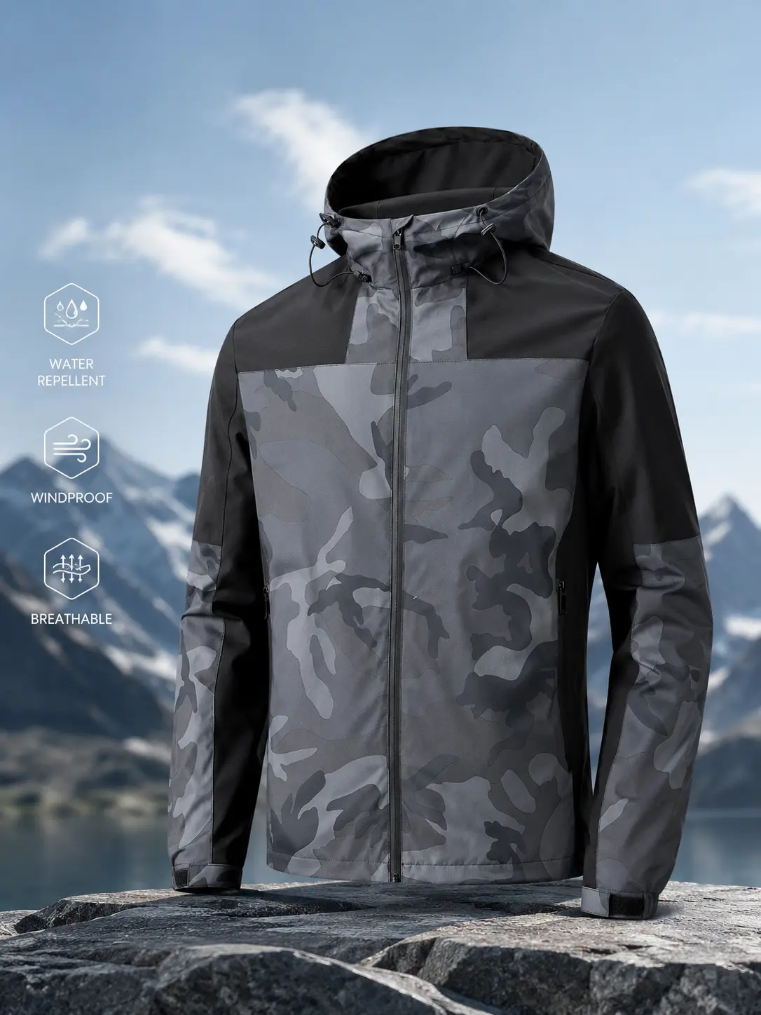 Men’s Functional Camouflage Patchwork Jacket — Waterproof, Wear-Resistant Hiking Outerwear