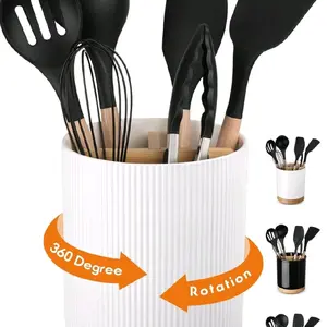 A-White 3 Compartment Utensil Holder for Extra Large Utensils, Stable Ceramic Kitchen Organizer for Farmhouse Decor