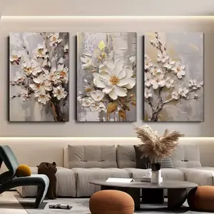 Optional Wooden Frame Three modern minimalist floral canvas decorative paintings, Floral Abstract Design, featuring magnolia flower patterns, 2D flat-printed, unframed