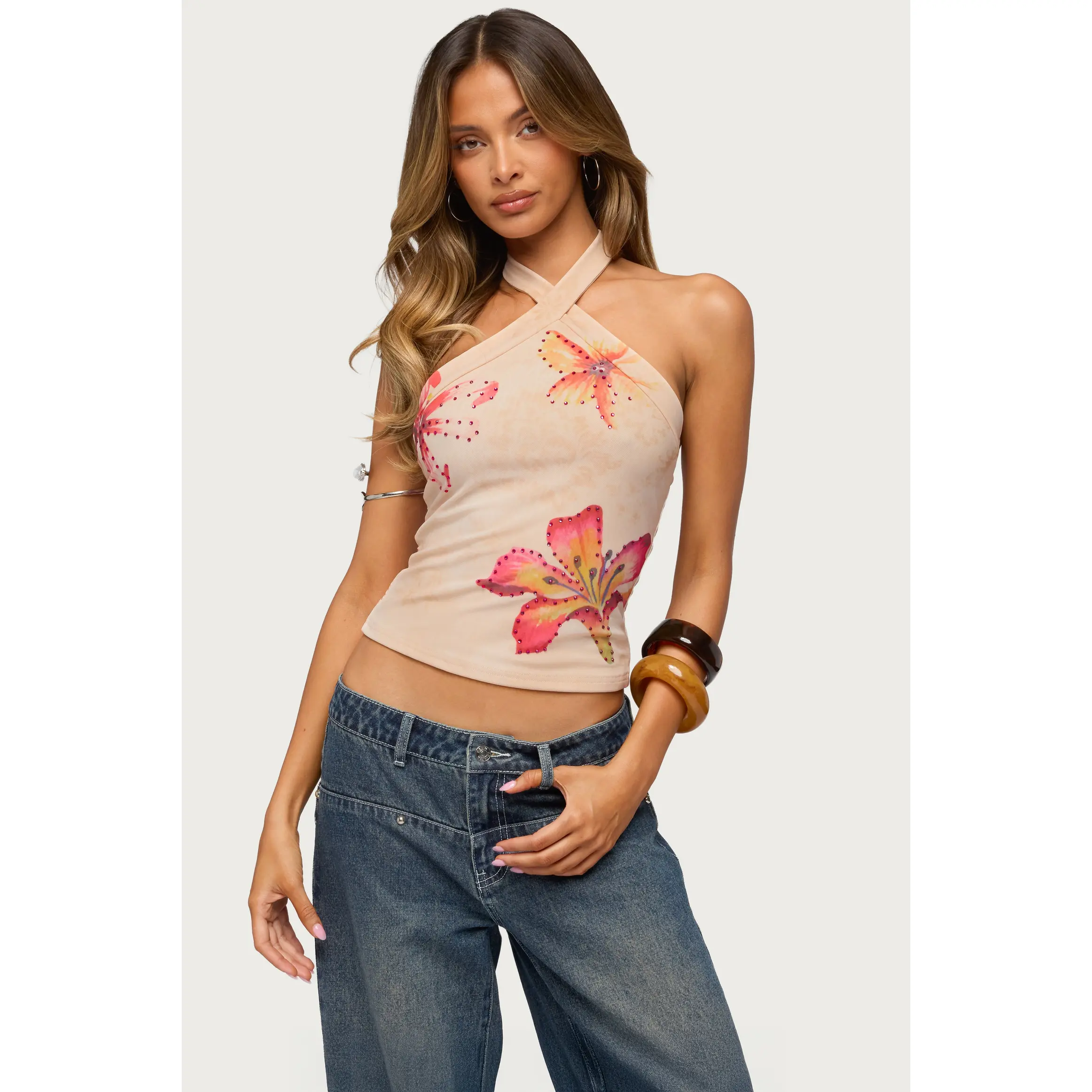 Nadina Floral Rhinestone Halter Top
