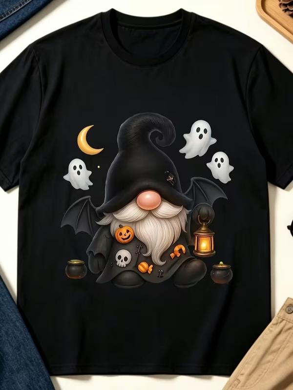 Women's Plus Size Casual Comfortable Cute Fit Spooky Festive Gnome Tee - Witch Gnome, Ghosts, Pumpkin, Lantern Designs, Versatile Matching Tops
