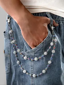 Men's Street Style Colorful Zircon Soft Clay Bead Belt Chain, Dual Layer Zircon Ball Design, Fashionable Waist Accessory
