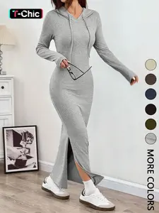 Women's Hooded Slim-Fit Long-Sleeve Knit Dress with Adjustable Drawstring, Ladies' Casual Fall and Winter Fashion Dress for Daily Wear Womenswear