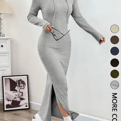 Women's Hooded Slim-Fit Long-Sleeve Bodycon Knitted Dress with Adjustable Drawstring, Ladies' Casual Fall and Winter Fashion Dress for Daily Wear Womenswear