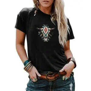 Women's Southwestern Cowboy Style T-Shirt with Skull and Turquoise Print- Turquoise and Brown Southwestern Style Casual Top with Horn Design, Washable, Suitable Rodeos, Festivals, and Casual Attire
