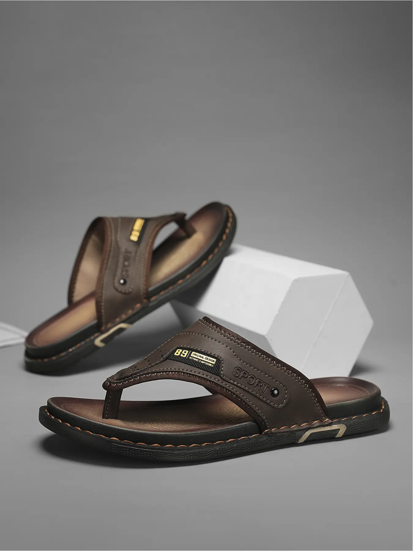 Men's Brown Genuine Leather Thong Flip-Flops: Anti-Slip Thick Sole, Casual Outdoor Sandals, Non Slip Sandals, Summer Footwear, Footwear for Beach