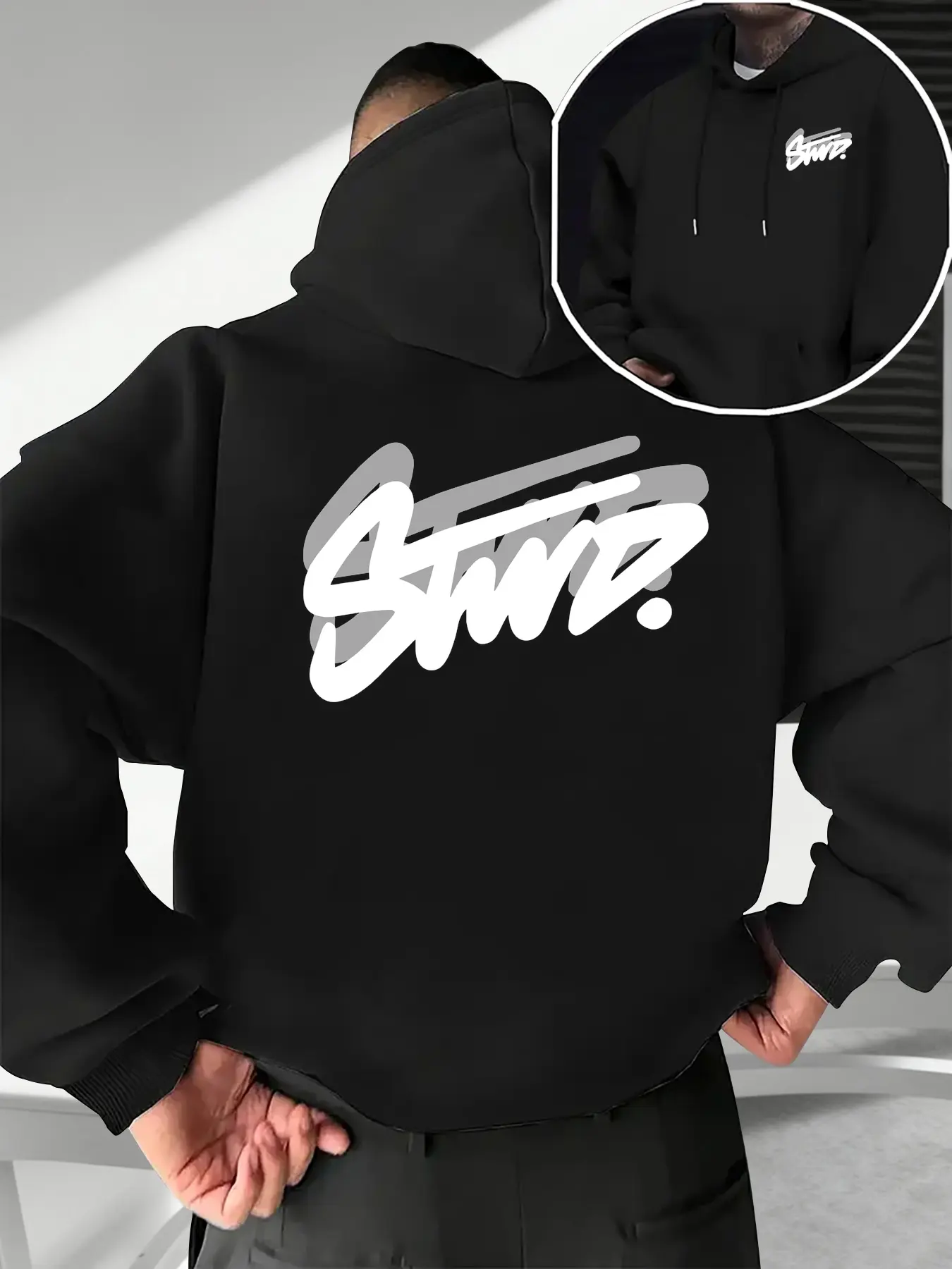 Men's Fall Winter Trendy Graphic Print Hoodie, Letter Graffiti Print Front Back, Casual Fitted Pullover, Drawstring Pocket Design, Loose Fit Sweatshirt, Street Fashion Hoodie, Streetwear Hoodie