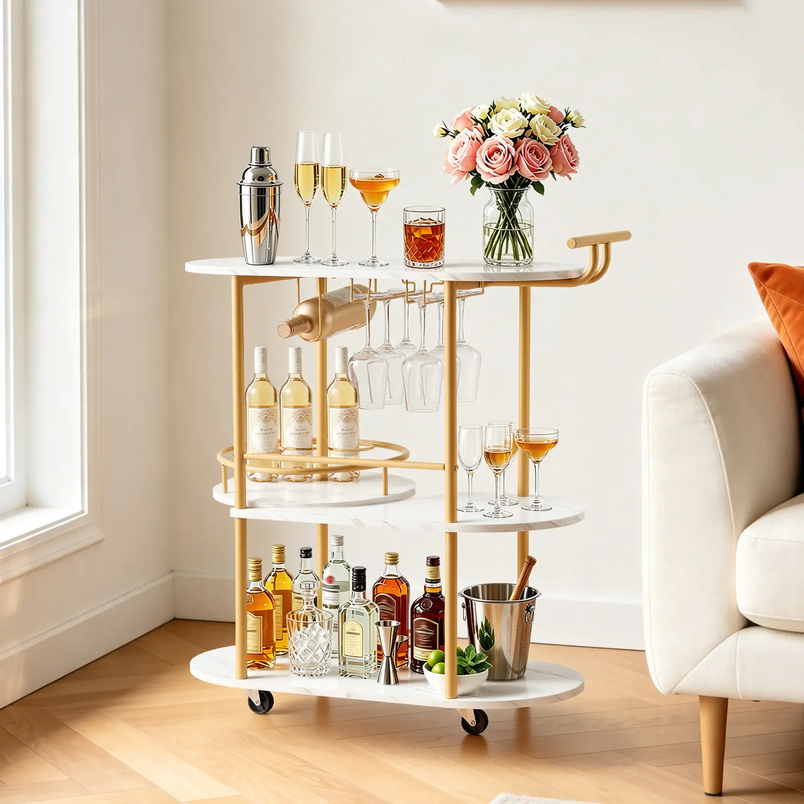 VEVOR Bar Cart, 3 Tiers Home Kitchen Serving Carts, Modern Round Rolling Utility Station on Wheels, Mobile Drink Beverage Trolley w/ Wooden Shelf, Wine Rack, Glass Holder, for Living Dining Room, Gold#BacktoSchool