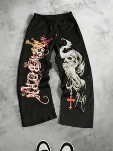 Wide Leg Pants with Skull and Praying Skeleton Print, Gothic Street Style Long Trousers, Unisex Casual Daily Wear