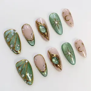 Summer Cat Eye Green Press on Nails, 3D Gold Chrome Nail, Butterfly Nails