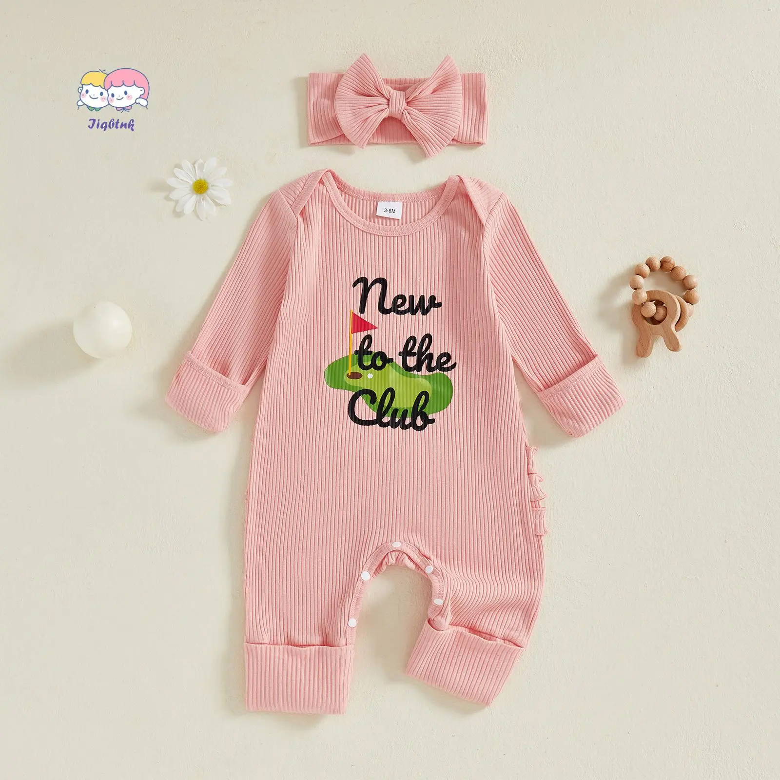 Baby Girl's 2-Piece Fall Gift Set: Ribbed Cotton Blend Fabric Letter Print Bodysuit with Football & Golf Prints, Bow Headband (0-3 Months, 3-6 Months), Long Sleeve, Elastane, 46 Cm, 52 Cm, Letter Bow Football Print