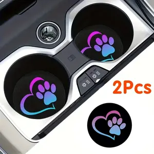 [Rainbow Coasters] 2pcs Rainbow Color Absorbent Car Cup Holder Coasters | Paw & Heart Printed - Car Interior Accessories, Cup Coasters For Car Vehicles & Home Desk