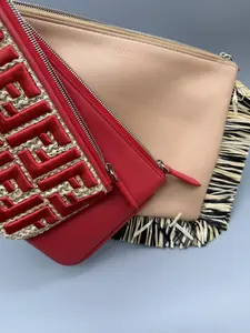 Pre-owned FENDI Leather & Raffia Mini Bags Triplette Raffia and Leather Versatile 3 Piece Set with Natural Raffia and Elegant Leather for Various Occasions