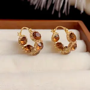 Crystal Hoop Earrings 14K Gold Plated French Vintage Inspired Round Ear Cuffs, Chic Sparkling Rhinestone Jewelry Statement Earrings for Women DZEH2090