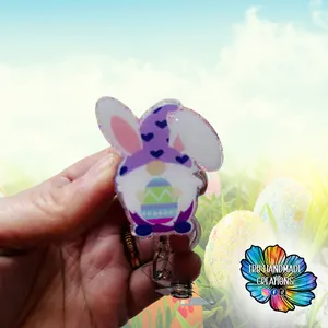 Bunny Gnome Badge - Easter Badge Reel - Retractable ID Holder - Handmade - Customizable - Badge Charm - Nurse Badge Reel - Carabiner Clip - MRI Safe Badge Reel - Teacher Lanyard - Stethoscope ID Tag - Magnetic Badge - Pin - Magnet