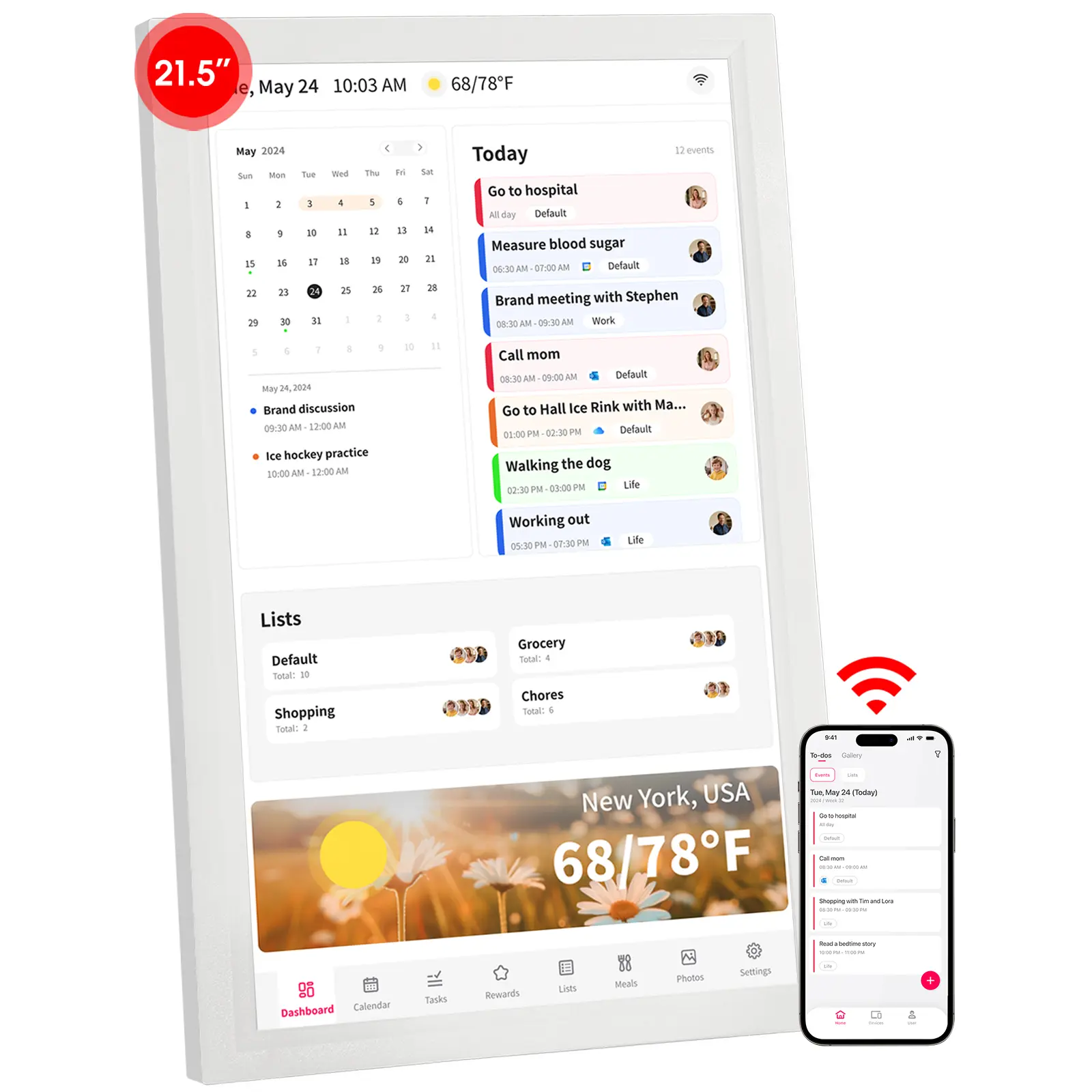 21.5-Inch Rectangle Smart Digital Calendar Wall Mount Electronic Photo Frame - 1920x1080 IPS Full HD Touchscreen, WiFi, Mobile App Support, Weather Function, No Subscription Fees, for Streamline Household Organization, Family Dinner Plans