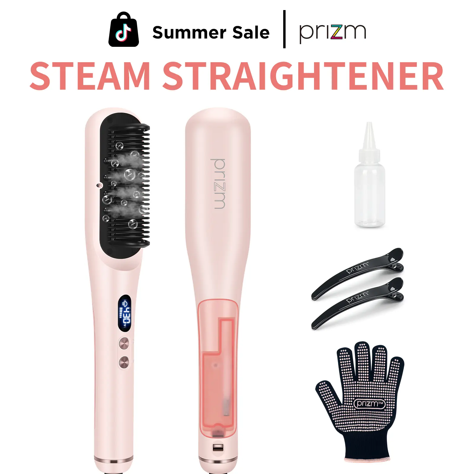Prizm Steam Hair Straightening Brush & Comb for Curly/Thick Hair, Ionic Silky Straight Steam Styler with 430°F Fast Heating Frizz Control
