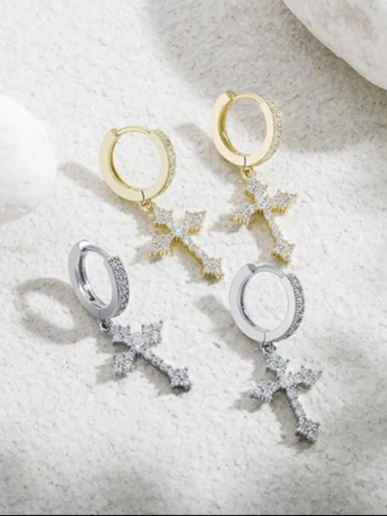 1 Pair Of Earrings For Men And Women, Cross Pendant Earrings, Studded Cross Earrings, Hypoallergenic Earrings, Gold And Silver Huggie, Hoop Earrings, Lightweight Cross Earrings, Hypoallergenic Jewelry