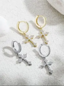 1 Pair Of Earrings For Men And Women, Cross Pendant Earrings, Studded Cross Earrings, Hypoallergenic Earrings, Gold And Silver Huggie, Hoop Earrings, Lightweight Cross Earrings
