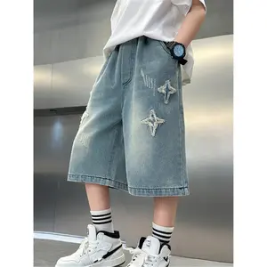 Boyfriend Fit Denim Shorts for Kids - Casual Summer Shorts with Star Embroidery, Elastic Waistband, and White Sneakers, Casual Summer Wear |       Star Embroidery Shorts |       Elastic Waistband Shorts