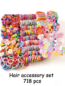 718/719pcs Little Princess Rainbow Unicorn & Mermaid Hair Accessory Gift Box Set: hundreds of styles, shapes & colors; clips, ties, headbands, claws, flat claw clips, rubber bands. For girls' daily styling, optional storage box.