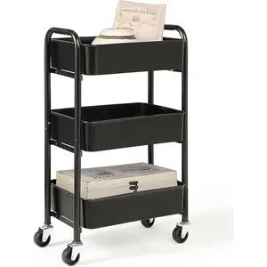 3-Tier Delicate Compact Rolling Metal Storage Organizer - Mobile Utility Cart Kitchen/Under Desk Cart with Caster Wheels - BLK (15.35" X 10.24" X 26.8"H)