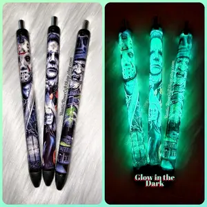 Horror Movie Evil Villain Glow In the Dark Epoxy Pens, with Black Rhinestone.  #jasonvoorhees  #MichaelMyers #FreddyKrueger #Fridaythe13th #Halloween #Horror #Horrormovies #horrorfan #gifts #birthday