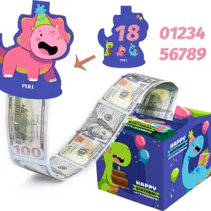 Birthday Money Box for Cash Extraction, Dinosaur Theme Birthday Savings Roll Gift Box, Pull-Out Kit, Suitable for Boys Girls, Party Decorations