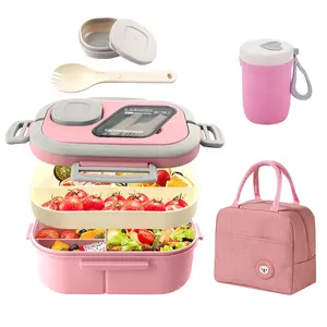 All-in-1 Bento Lunch Box Kit for Adult Meal Prep Lunch Snack，3 Pcs Portable Lunch Container Set for Adults & Kids, Includes Bento Box, Soup Cup, Lunch Bag, Keeps Food Fresh & Flavor Separate, Munch Box