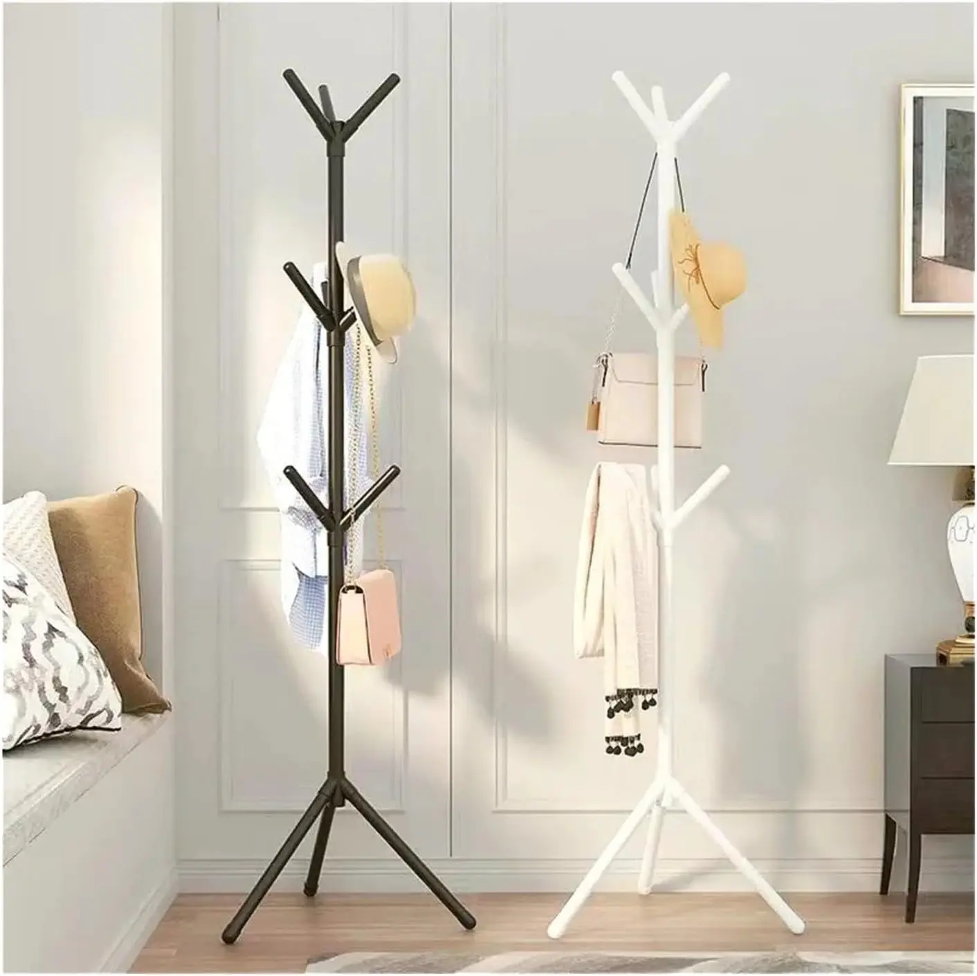 Tree Shaped Freestanding Coat Rack, Metal Hall Tree Coat Hanger Stand with Multiple Hooks for Entryway Bedroom