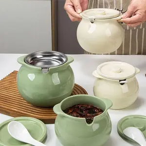 Ceramic Oil Storage Jar with Lid & Spoon, 1 Count Multi Grid Oil Storage Container, Kitchen Seasoning Storage Jar for Home Dining Room Barbecue, Utensils