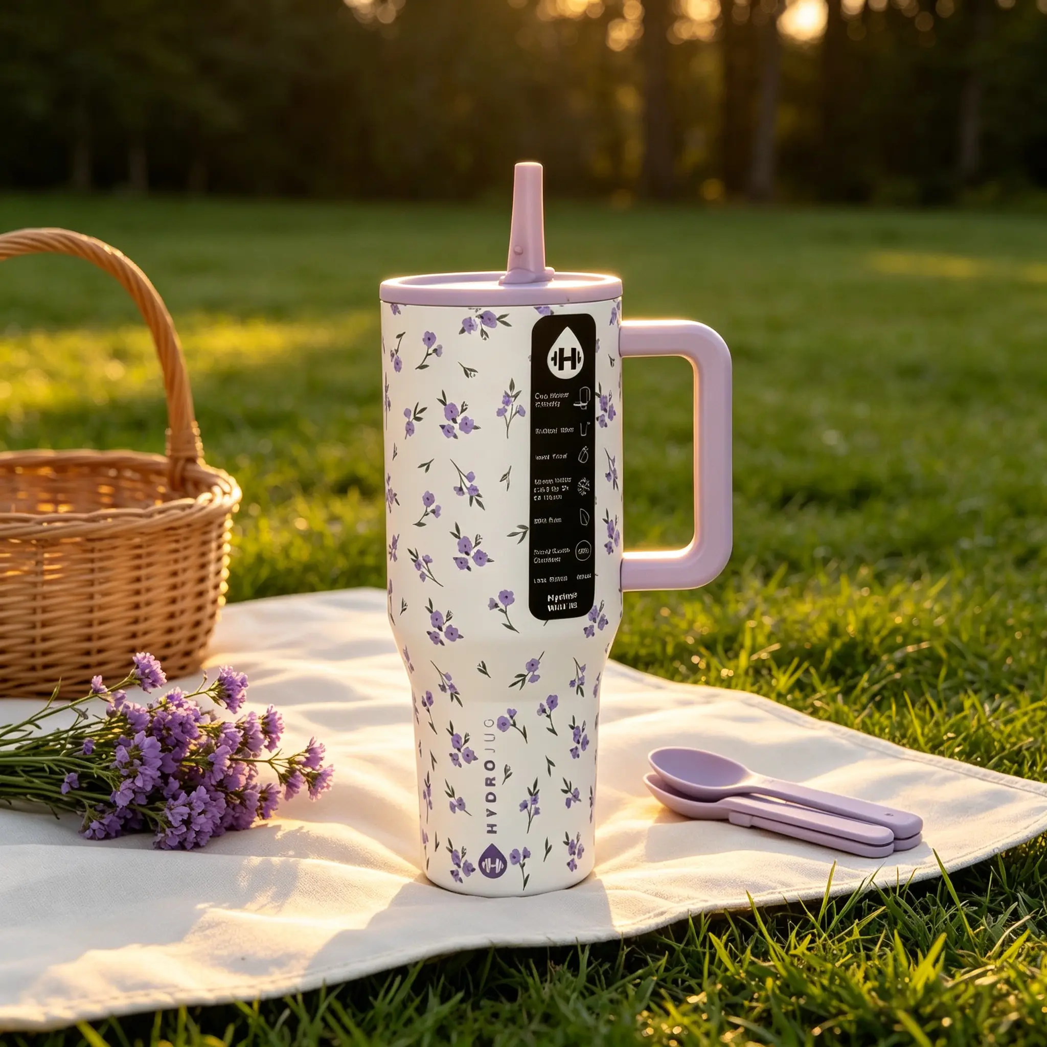 HydroJug 40oz Lavender Floral Print Insulated Stainless Steel Water Flask - 1000-2000ml, Leakproof, 24-Hour Cold Retention, Heat Resistant, Anti-Scalding, Straw-Equipped, Handle-Equipped for Travelers, Daily Commute