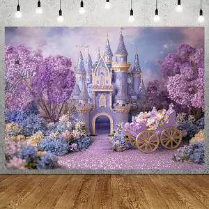 2D Flat, Purple Princess Castle Party Backdrop - Durable Polyester Banner, Perfect for Birthdays, Valentine's Day, and More - Event Decor, Whimsical Decor, Lightweight Fabric, Wrinkleresistant Material