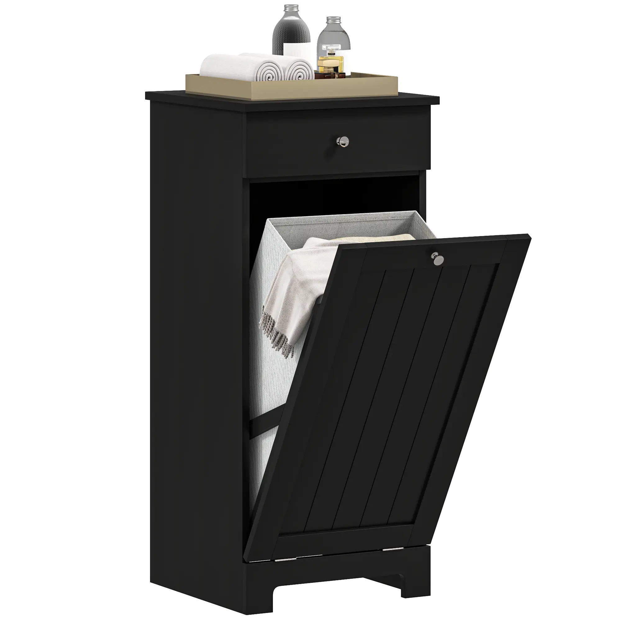 Laundry Hamper Cabinet – Laundry Cabinet with Tilt Out Laundry Basket & Drawer. Removable Fabric Basket. Anti-Tipping Design. Beadboard Door. Black