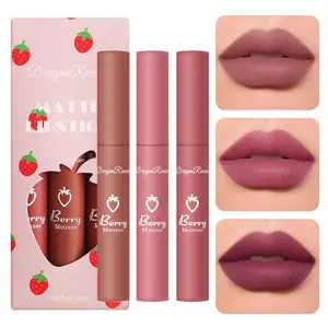 3 Colors Waterproof Lipstick Set,Strawberry Velvet Matte Lip Gloss Set,Natural Nude Matte Lipstick,Velvet Nourishing Lip Gloss,Long Lasting Lip Gloss Set,Non-Stick Cup Lipstick, Waterproof Matte Makeup for Girls Women,lipstain blackhoneylipgloss Cosmetic