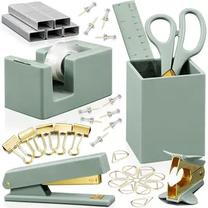 Aesthetic Desk Accessories Set - A Complete Desktop Organizer Set For Women Enhances Any Office Decor - An Office Supplies Kit w Gold Finish incl.Pen Holder, Scissors, Stapler, Tape Dispenser & More : Office Products