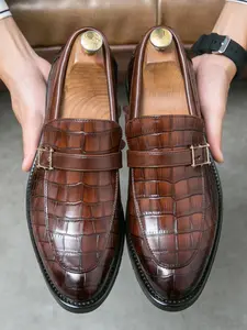 Men's Business Formal Crocodile Embossed Belted Design Dress Shoes, Business Style Shoes, Fashionable Shoes for Work Office Party Wedding, Male All-match Shoes for Daily Wear