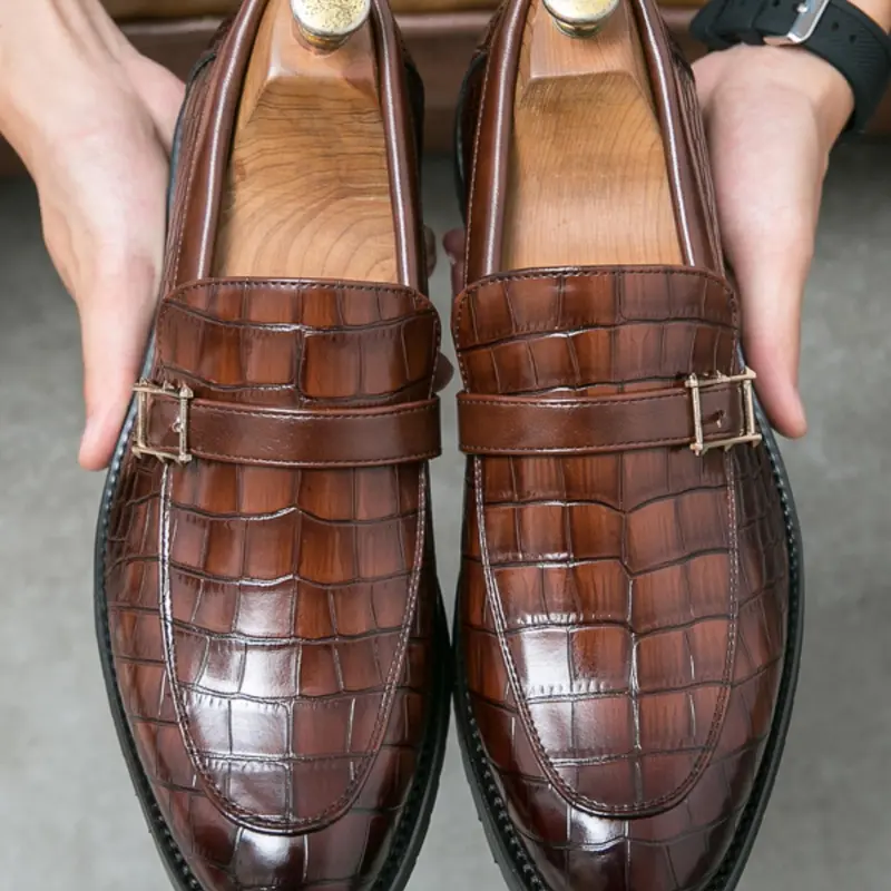 Men's Business Formal Crocodile Embossed Belted Design Dress Shoes, Business Style Shoes, Fashionable Shoes for Work Office Party Wedding, Male All-match Shoes for Daily Wear, Business Style Footwear