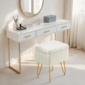 Vanity Stool Chair with Storage, 18.9”H x 16”L x 12.2”W Ottoman Chair Faux Fur Soft Padded Makeup Footstools Seat with 4 Metal Legs Anti-Slip Adjustable Feet for Make Up, White
